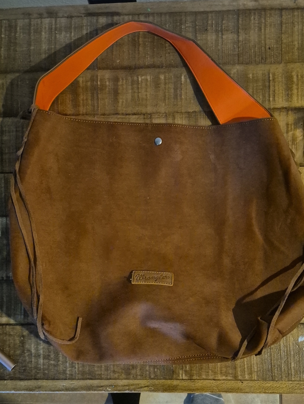 NWOT Wrangler Brown Suede HOBO Bag With Orange Strap Lining